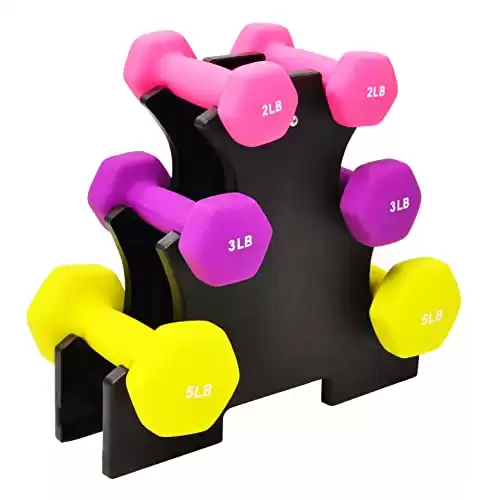 Signature Fitness Set of 6 Neoprene Dumbbell Hand Weights, Anti-Slip, Anti-roll, Hex Shape Colorful, 2/3/5 Pound Pairs, 20-Pound with Rack