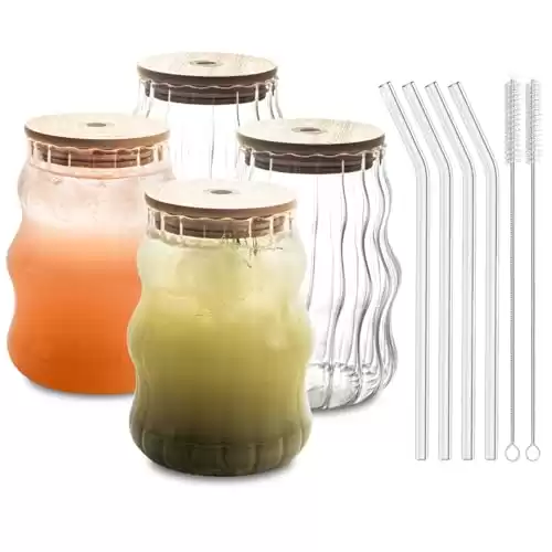 4 Pcs Ribbed Glass Cups With Straws